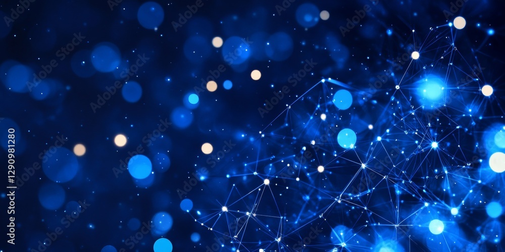 Poster blue network bokeh background, nodes connection. abstract digital technology futuristic