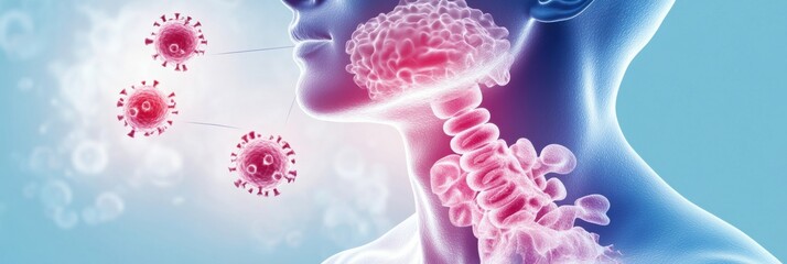 Inflamed vocal cords depicted in medical illustration of acute laryngitis with labeled symptoms
