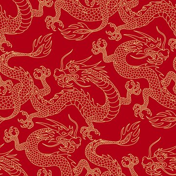 Patron de dragones tradicionales chinos dorados sobre fondo rojo
