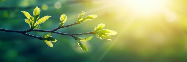 Obraz premium Sunlight Through New Growth Spring Branch, Bright Green Foliage, Backlit by Sun, Natural Light