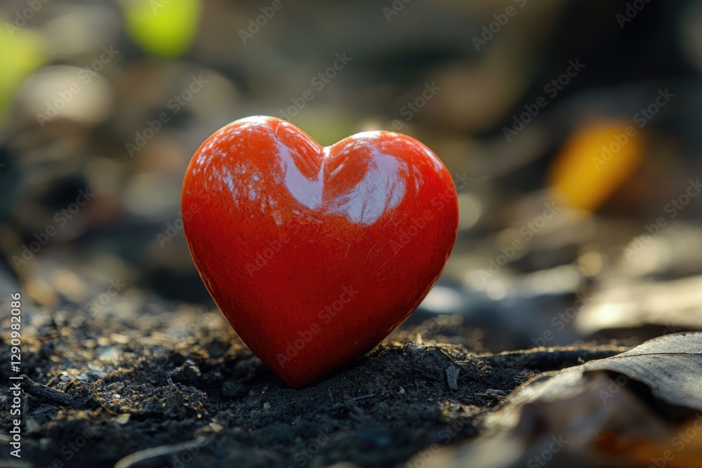 Poster a red heart-shaped object lying on the ground