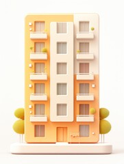 A Rendered Yellow Building Featuring Balconies and Trees