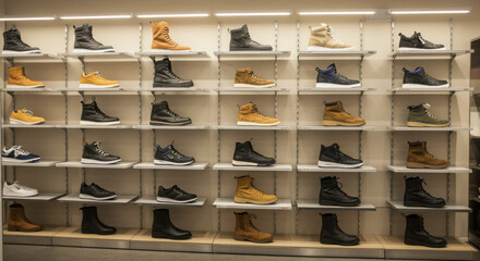 Shoe shelves diverse footwear styles retail display