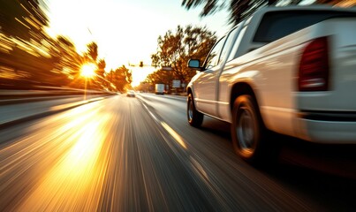Speeding pickup truck on sunlit highway
