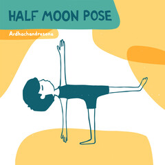 Yoga Concept. Half moon Pose. Ardhachandrasana. Cartoon character practicing Hatha yoga. Vector flat hand drawn illustration