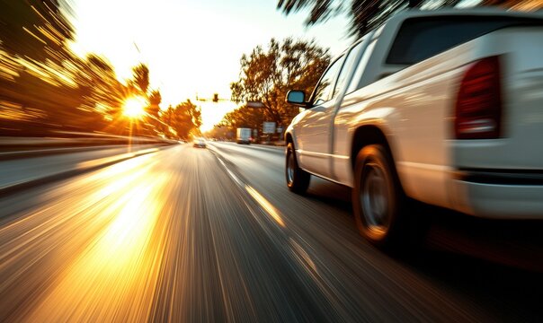 Speeding pickup truck on sunlit highway