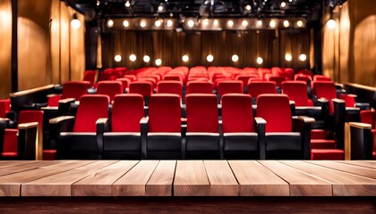 Wooden table with blurred background of movie theater. Generative ai