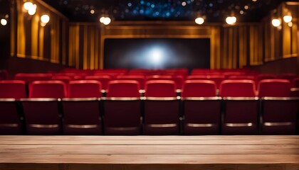 Wooden table with blurred background of movie theater. Generative ai