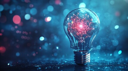 Glowing light bulb with neural network inside, symbolizing artificial intelligence innovation, creativity, and futuristic technology on a blue background with vibrant digital elements.