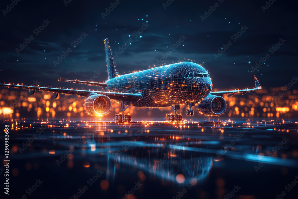 Poster airplane flying through illuminated data streams, representing a global logistics network, advanced 