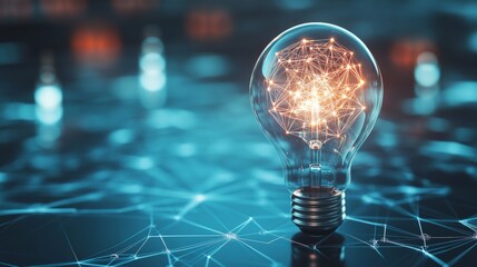 Glowing light bulb with neural network inside, symbolizing artificial intelligence innovation, creativity, and futuristic technology on a blue background with vibrant digital elements.