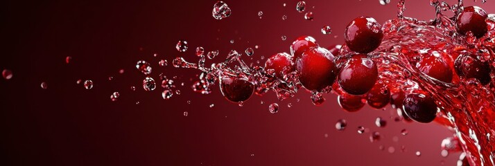 Flying cranberry juice with splashes on Bold Burgundy Background
