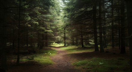 Fototapeta premium Path Through Majestic Pine Woodland: Towering Evergreens and the Scent of Pine Needles in a Serene Backdrop