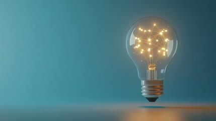 Glowing light bulb with neural network inside, symbolizing artificial intelligence innovation, creativity, and futuristic technology on a blue background with vibrant digital elements.