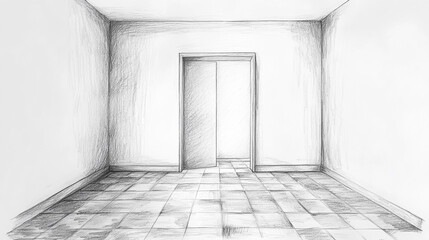 Interior sketch of an empty room with an open door, showing perspective and tiled floor.