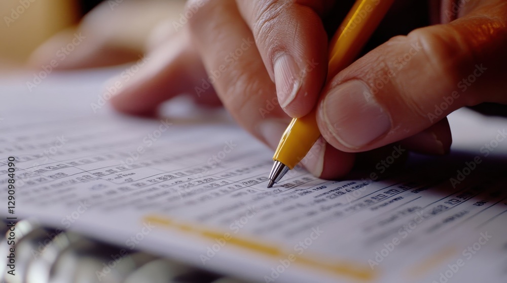 Poster a hand using a pen to write on a paper document