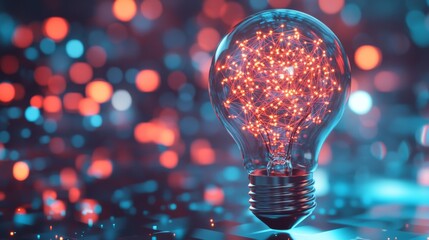 Glowing light bulb with neural network inside, symbolizing artificial intelligence innovation, creativity, and futuristic technology on a blue background with vibrant digital elements.