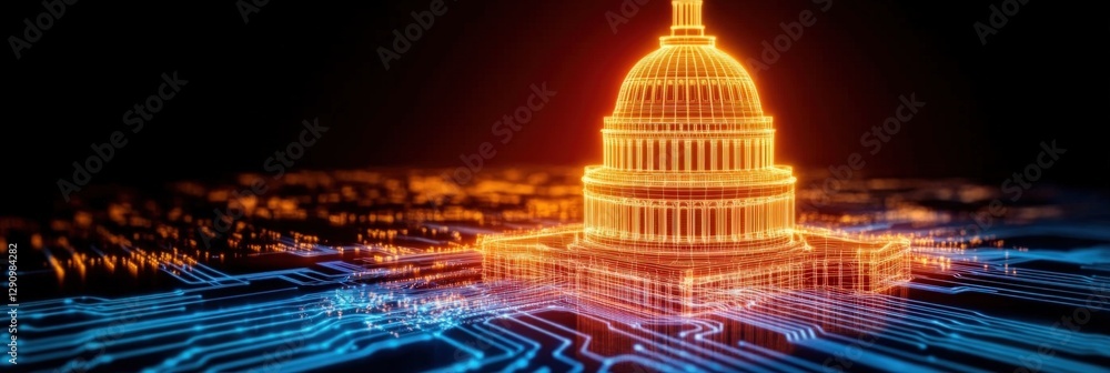 Poster the capitol building illustrated on a circuit board design representing technology
