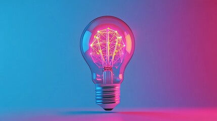Glowing light bulb with neural network inside, symbolizing artificial intelligence innovation, creativity, and futuristic technology on a blue background with vibrant digital elements.