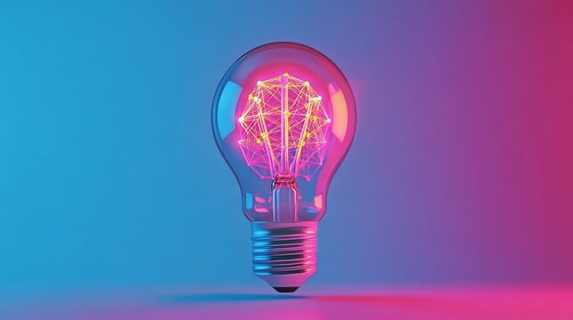 Glowing light bulb with neural network inside, symbolizing artificial intelligence innovation, creativity, and futuristic technology on a blue background with vibrant digital elements.