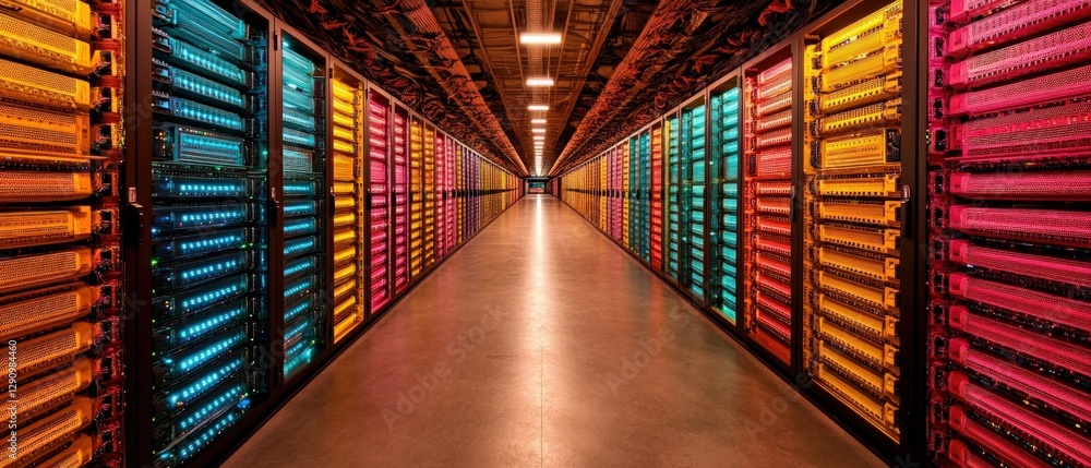 Poster High-tech server room filled with rows of servers for data management solutions