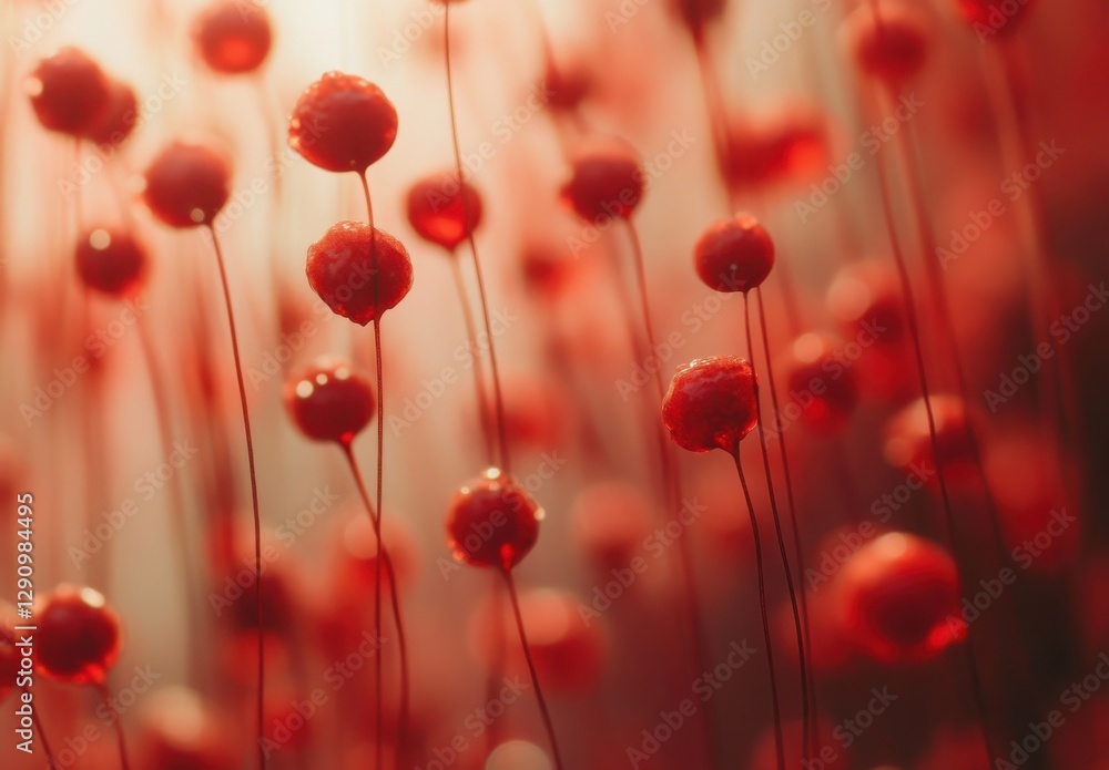 Poster abstract close-up of red bubbles on delicate stems creating an ethereal and dreamy atmosphere, perfe