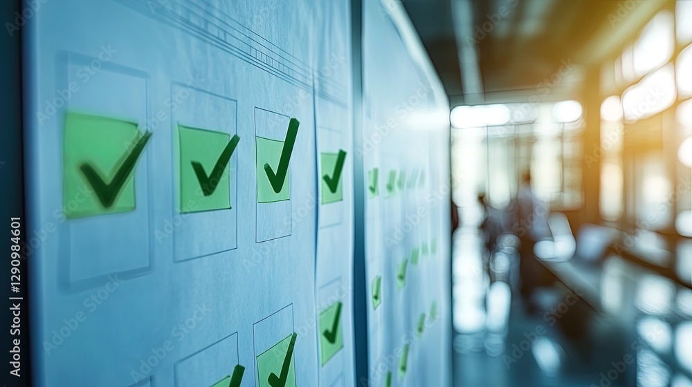Poster checklist with green checkmarks on a whiteboard, team planning session in progress