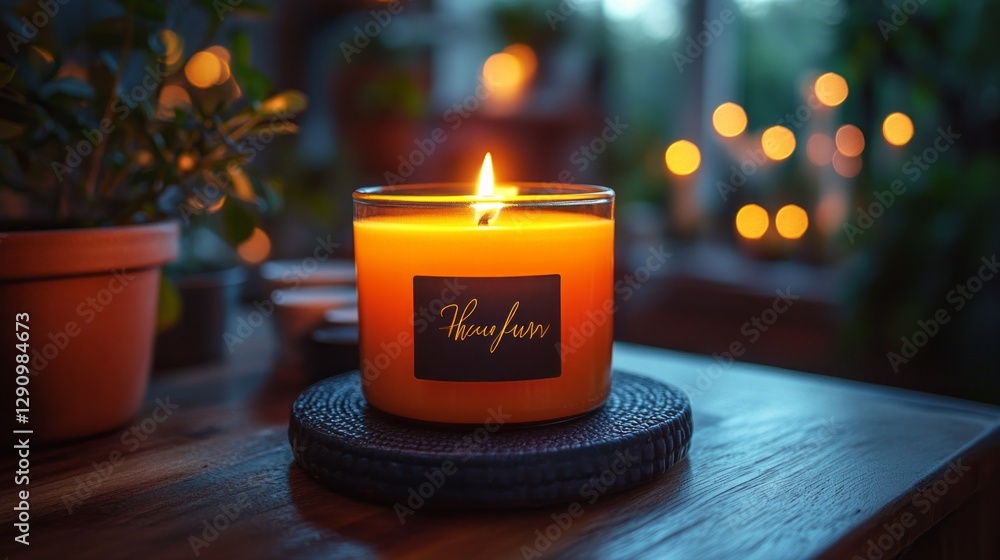Aufkleber Warm light from a flickering candle casts a soft glow, creating a tranquil atmosphere. Surrounding greenery and gentle shadows enhance the serene evening mood