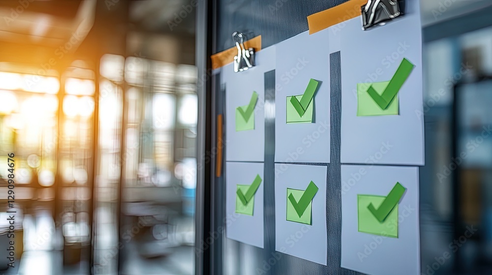 Poster checklist with green checkmarks on a whiteboard, team planning session in progress