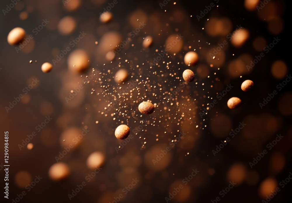Poster abstract floating particles in warm tones creating a dynamic and energetic composition in a dark and