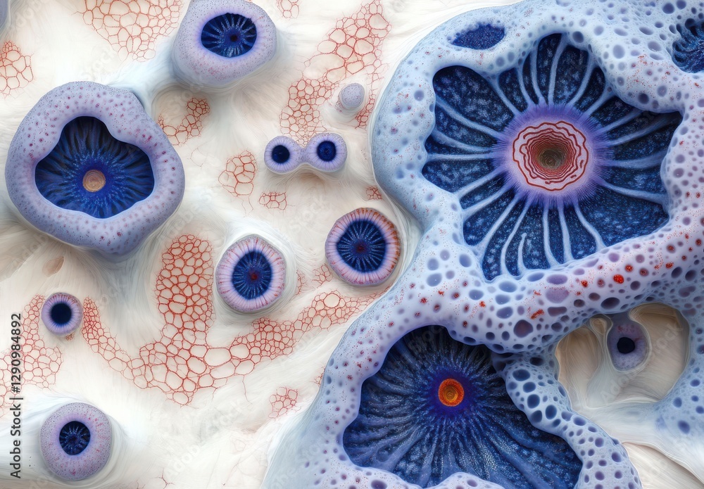 Poster abstract microcosm of colorful cells and structures, depicting intricate details with vivid blue, re