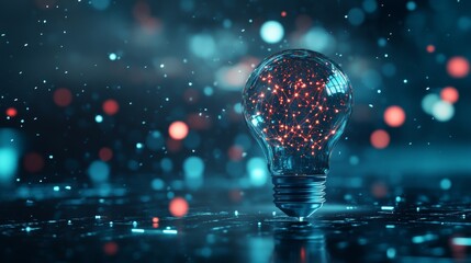 Glowing light bulb with neural network inside, symbolizing artificial intelligence innovation, creativity, and futuristic technology on a blue background with vibrant digital elements.