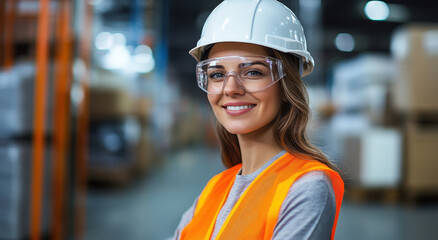 A woman in a hard hat and safety glasses smiles brightly while standing in a busy warehouse environment surrounded by boxes and equipment
