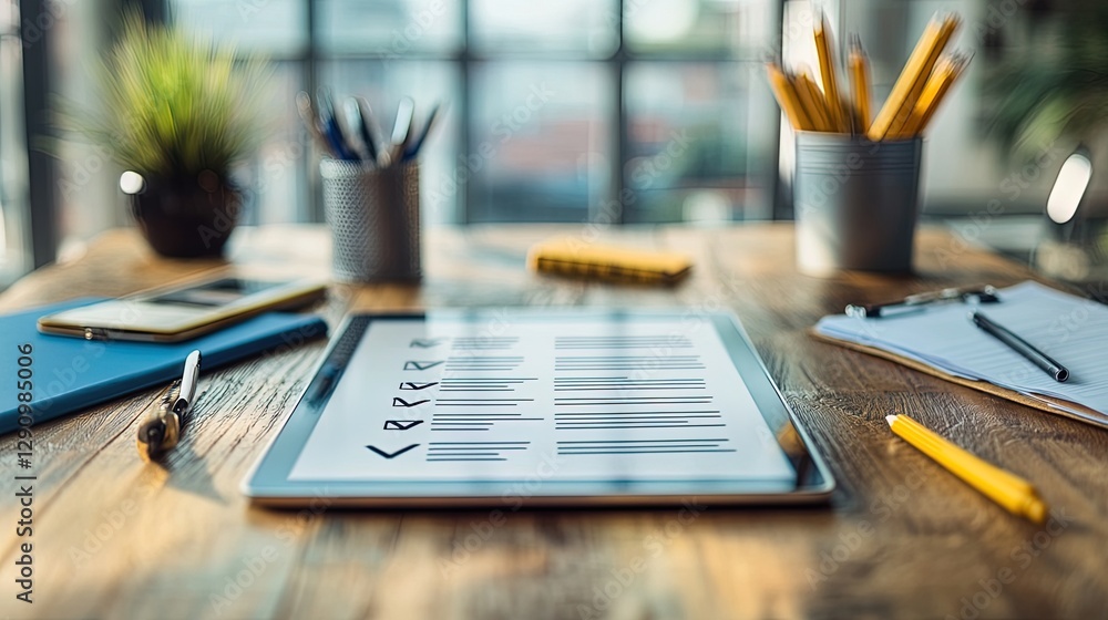 Poster checklist on a tablet with checkmarks on completed tasks, modern office background