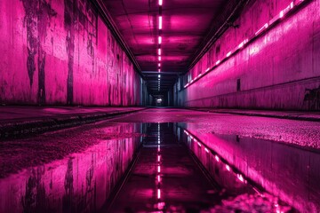 Illuminated urban tunnel with pink neon lights reflecting on wet surface