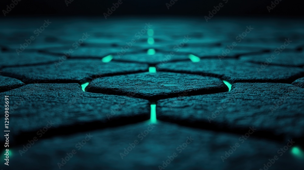 Poster glowing hexagonal tiles with neon light and dark background for modern decor