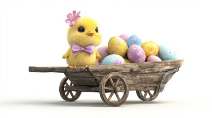 cute fluffy yellow chick stands on wooden cart full of colorful easter eggs and flowers