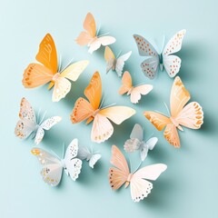 Fototapeta premium A visually pleasing spring concept with vibrant butterflies spread across a blue background.
