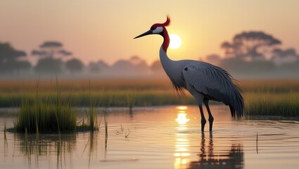 Majestic Sarus Crane Standing Tall in a Serene Wetland at Sunrise