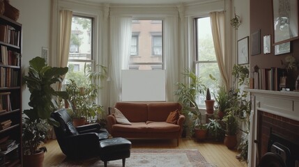 Fototapeta premium City-view living room, plants, couch, blank canvas, calm