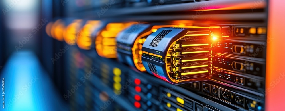 Poster Bright Server Rack with Glowing Lights in a Modern Data Center Environment