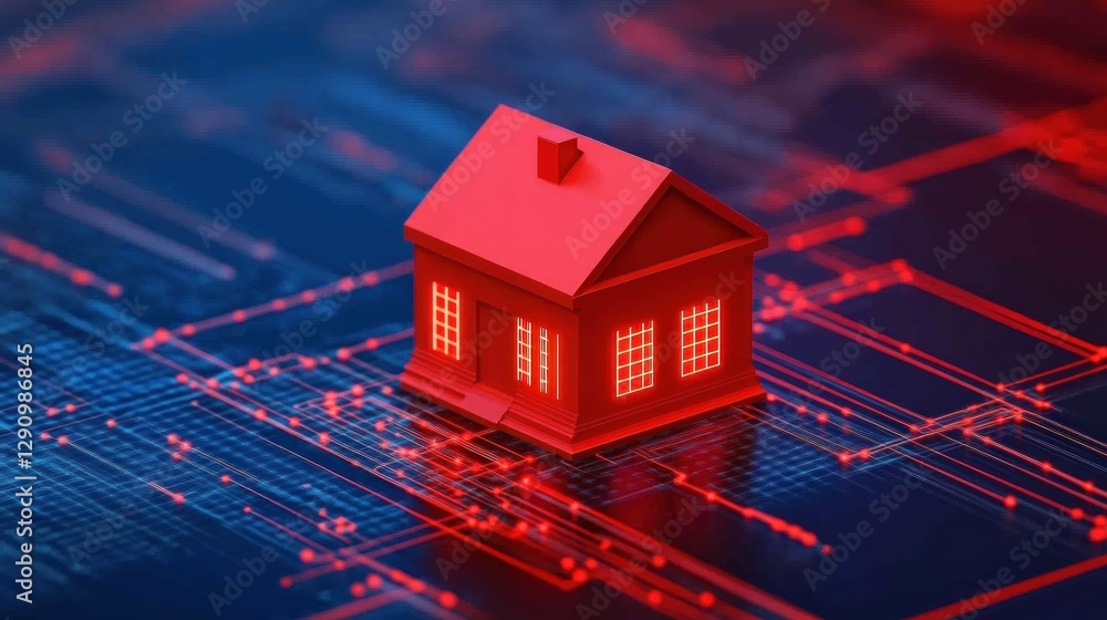 Poster red house model on digital grid abstract background for real estate concepts