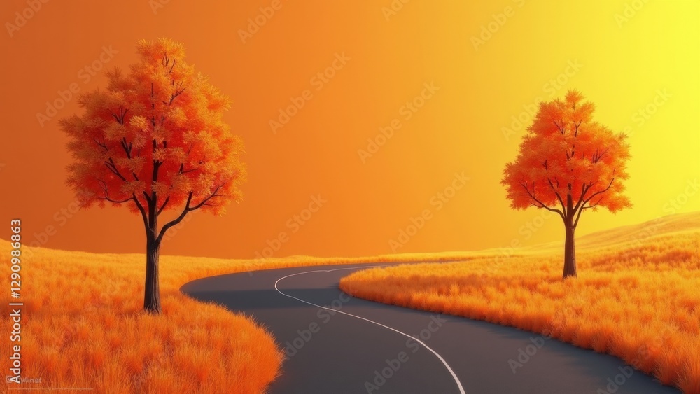 Poster road with two trees on either side of it