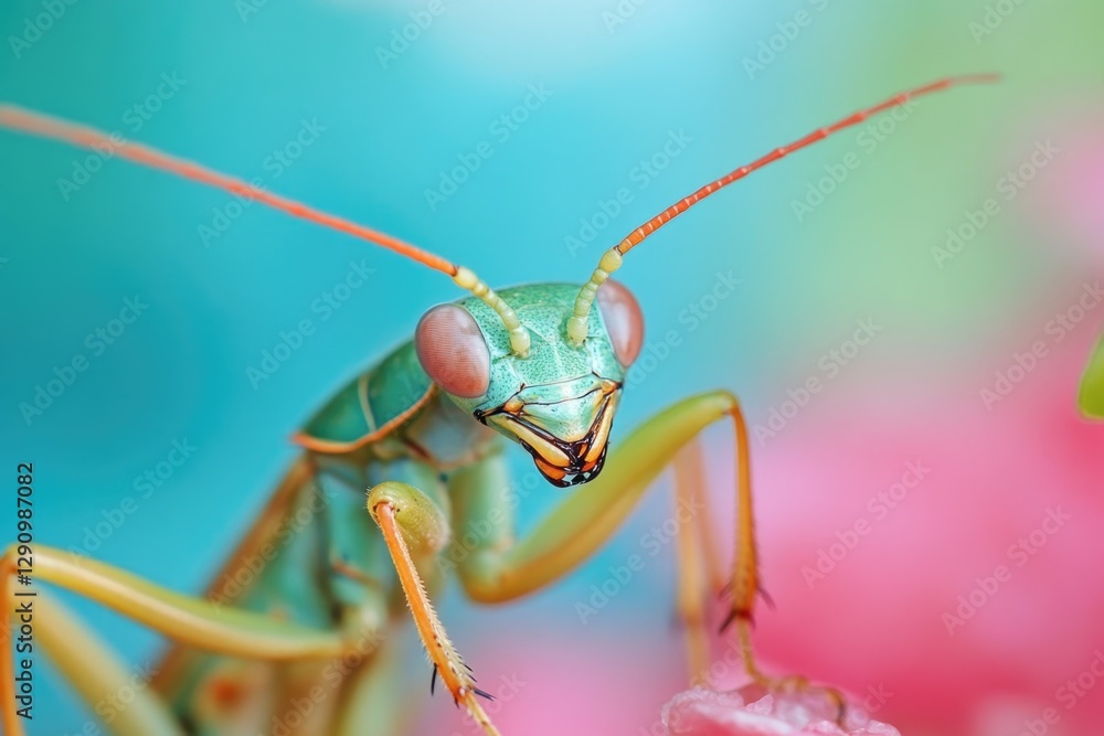 Poster a close-up shot of a praying mantis sitting on a flower, highlighting its unique features and natura