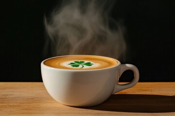 Steaming coffee cup with green clover design evokes warmth and c