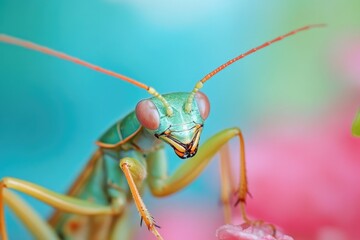 A close-up shot of a praying mantis sitting on a flower, highlighting its unique features and natural habitat