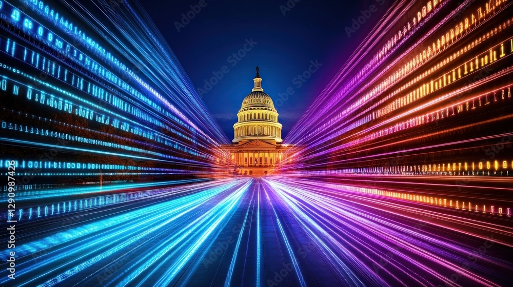 Poster the capitol building surrounded by dynamic light streaks creating a lively scene
