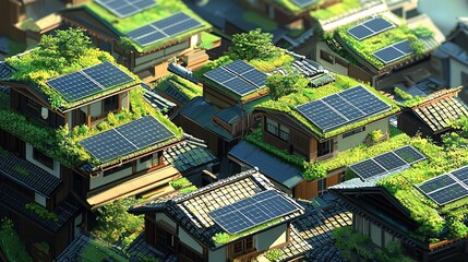 Eco-friendly village, solar panels, green roofs, Asian architecture, sustainable energy