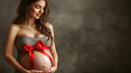 Photoshoot of a beautiful pregnant woman, close-up of her belly with a red ribbon and bow. Waiting. Uncertainty about who it will be: a girl or a boy. Banner. Copy space