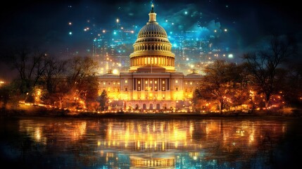 Fototapeta premium Majestic capitol building illuminated at night in washington d.c. under starry sky